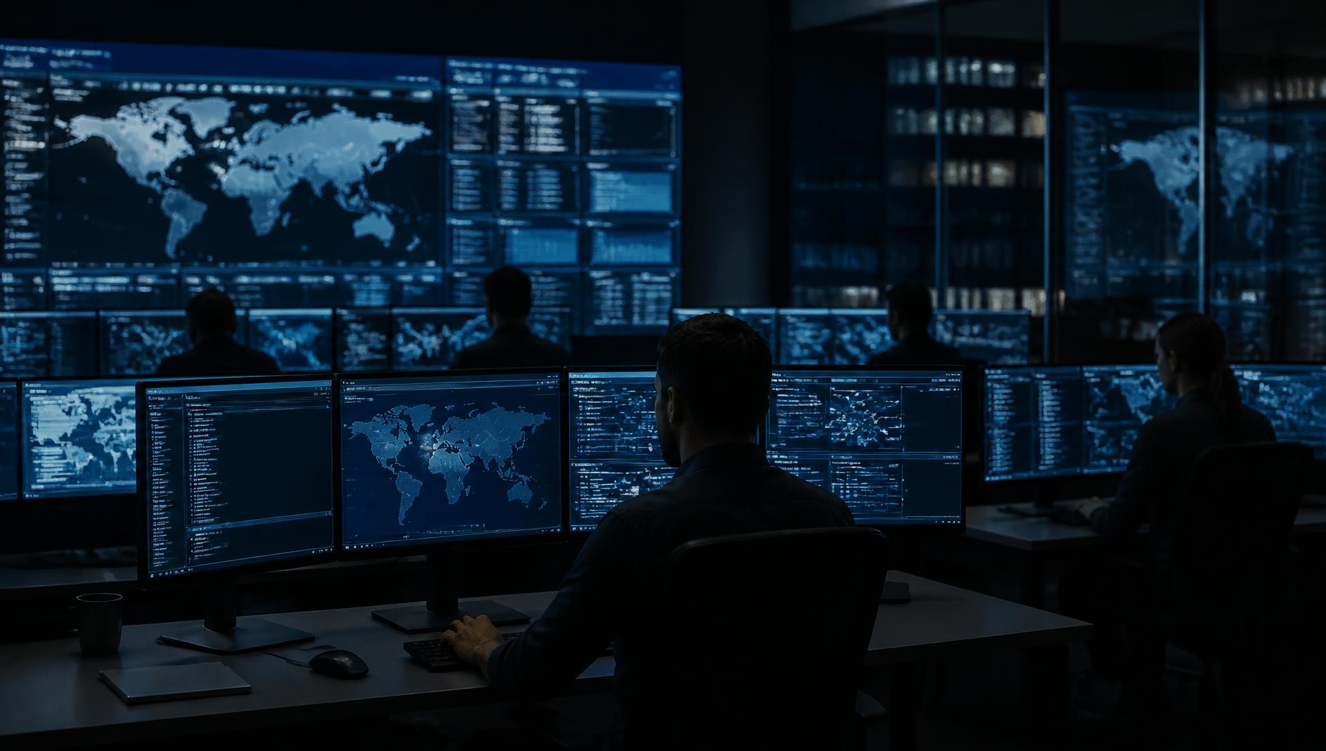 Network operations center with analysts monitoring system telemetry