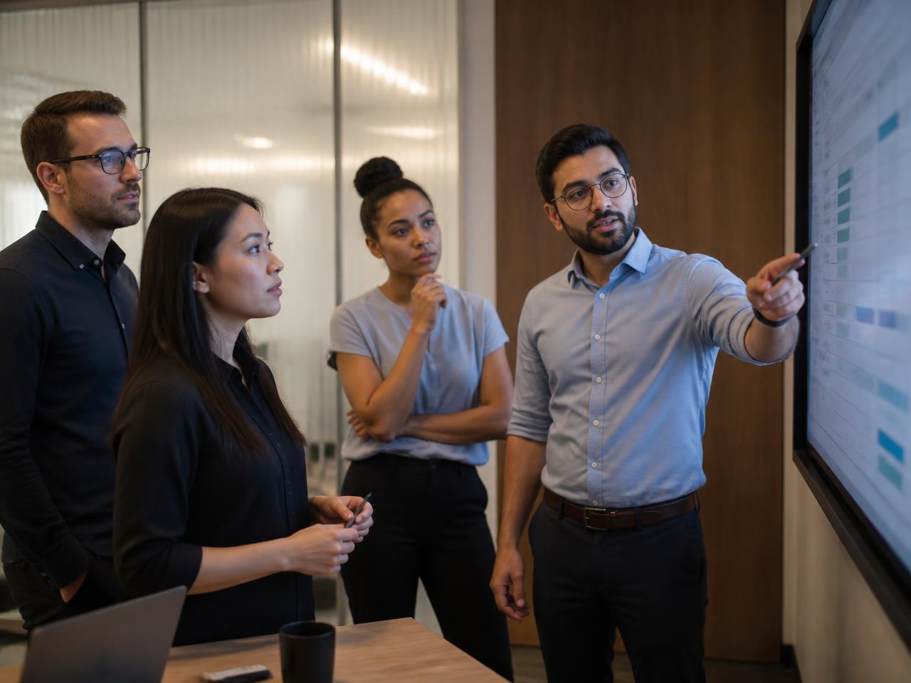 Consultants reviewing a project schedule on a wall display